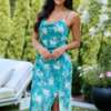 Evergreen Romance Green Floral Satin Midi Dress