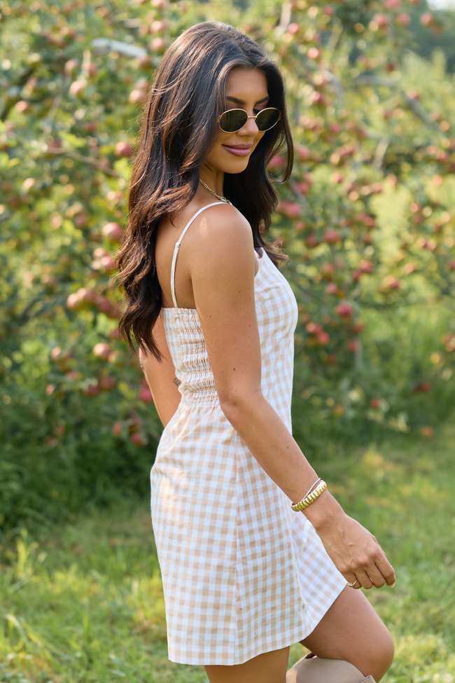 Coralie Taupe Gingham Romper Dress