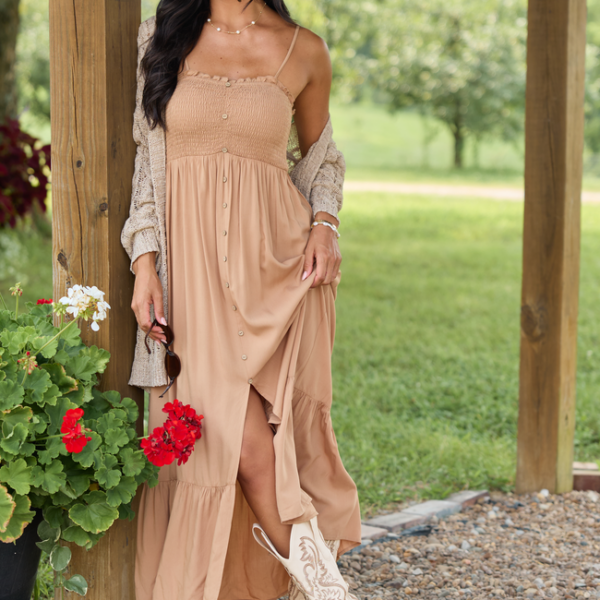 Blooming Beauty Solid Button Up Midi Dress Taupe