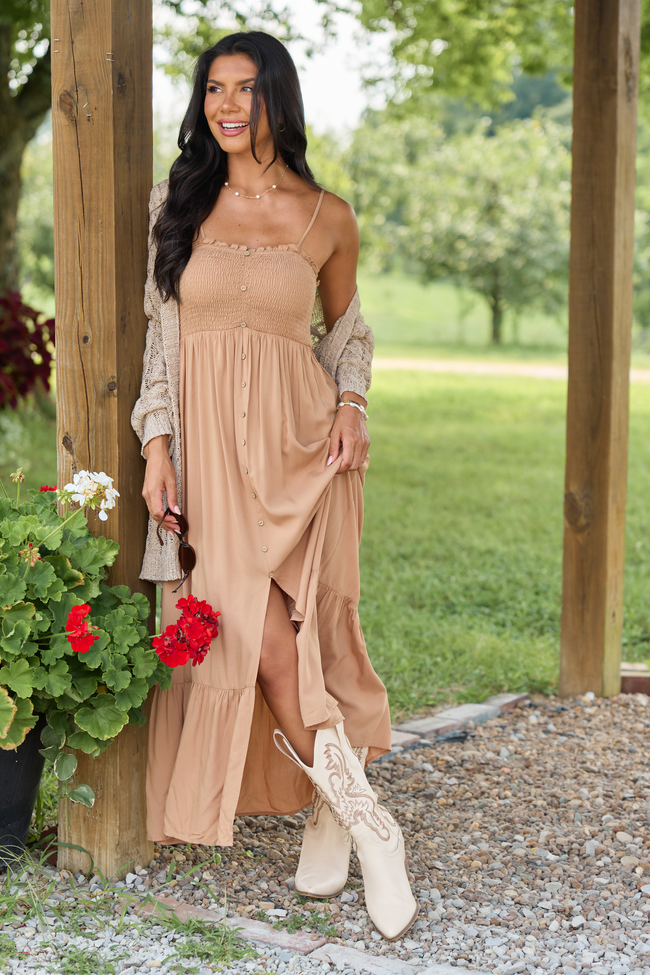 7-29_Shiftinseasons_HB_07-29-26_29155_220986.png Blooming Beauty Solid Button Up Midi Dress Taupe