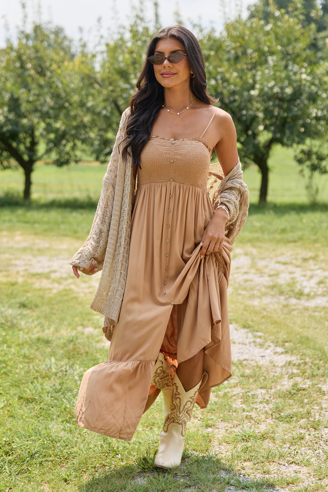 7-29_Shiftinseasons_HB_07-29-26_29158_220986.png Blooming Beauty Solid Button Up Midi Dress Taupe