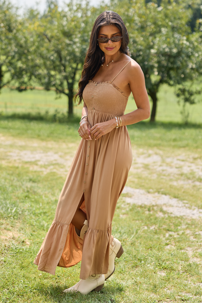 7-29_Shiftinseasons_HB_07-29-26_29168_220986.png Blooming Beauty Solid Button Up Midi Dress Taupe