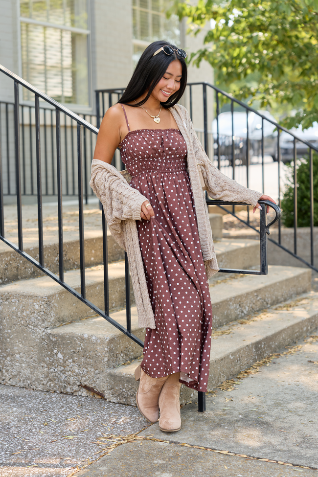 8-11_softtransitions_HB_08-11-26_31851_220720.png Lovingly Yours Polka Dot Midi Dress Brown