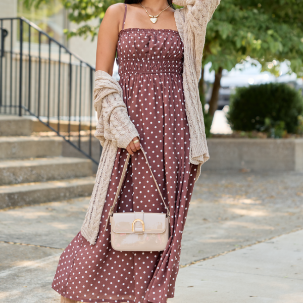Lovingly Yours Polka Dot Midi Dress Brown