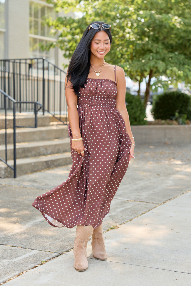 8-11_softtransitions_HB_08-11-26_31863_220720.png Lovingly Yours Polka Dot Midi Dress Brown