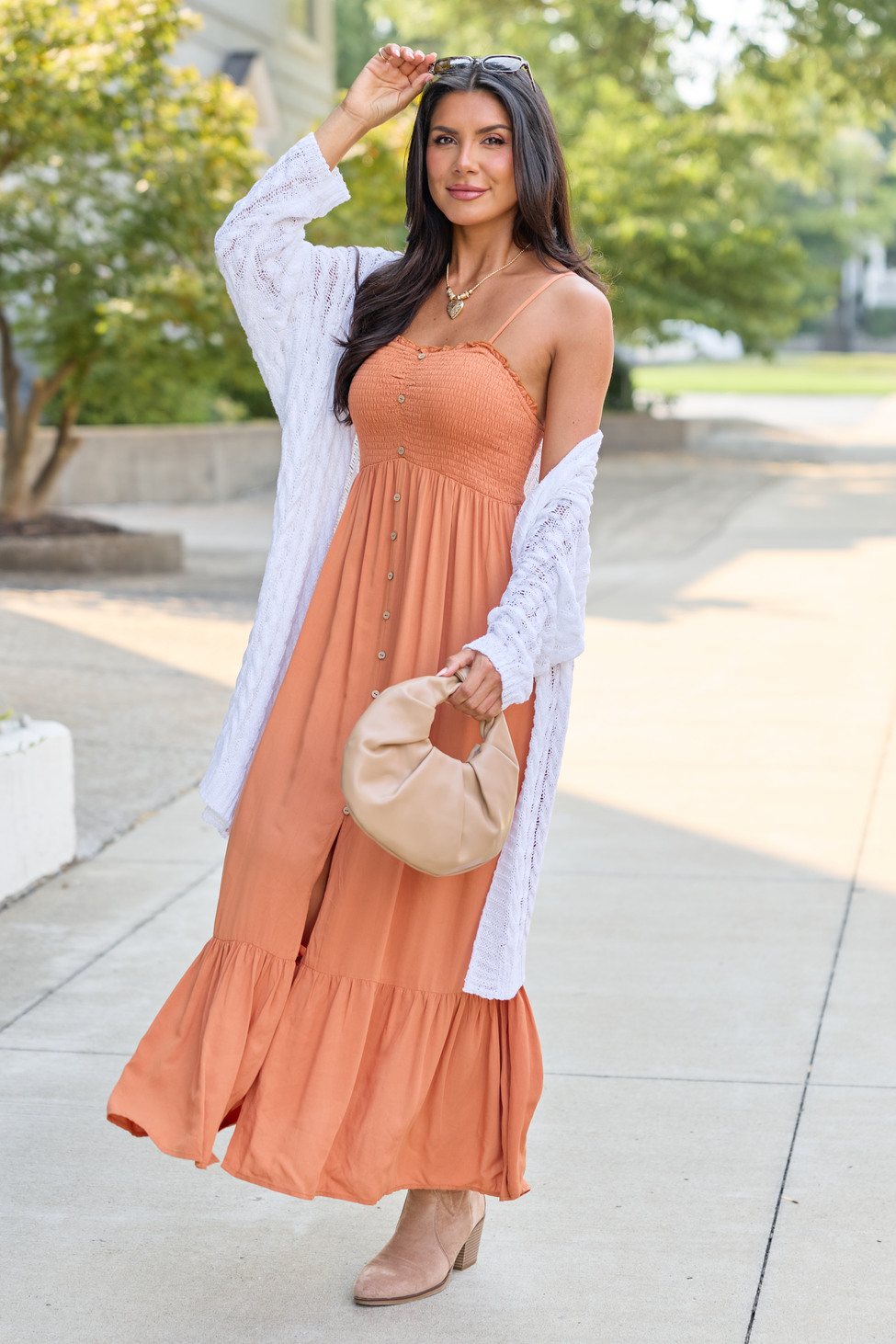 8-11_softtransitions_HB_08-11-26_32074_221038.png Blooming Beauty Solid Button Up Midi Dress Rust