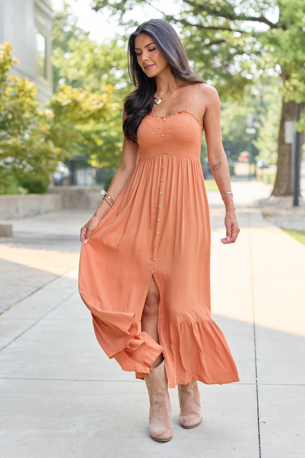 8-11_softtransitions_HB_08-11-26_32090_221038.png Blooming Beauty Solid Button Up Midi Dress Rust