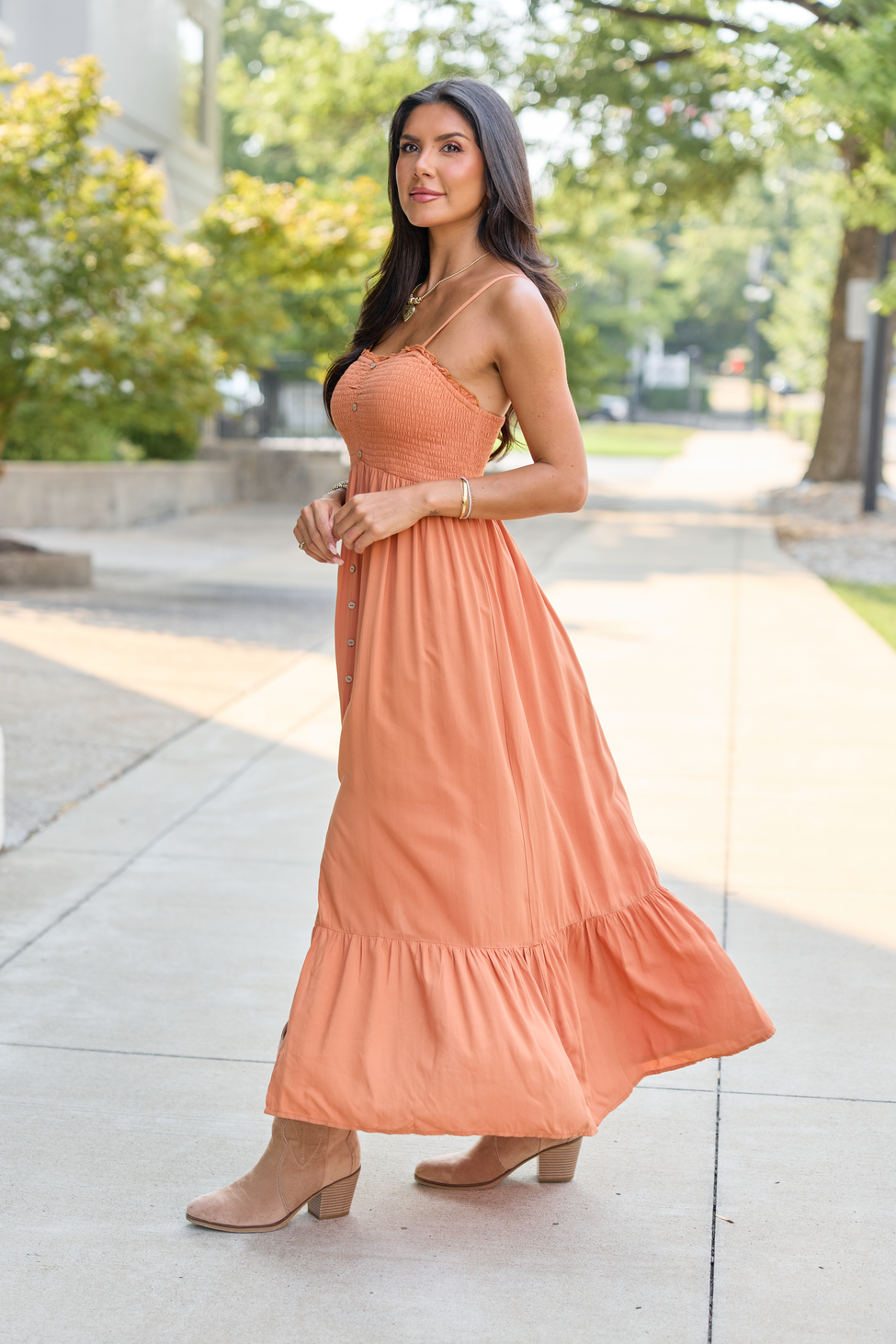 8-11_softtransitions_HB_08-11-26_32092_221038.png Blooming Beauty Solid Button Up Midi Dress Rust
