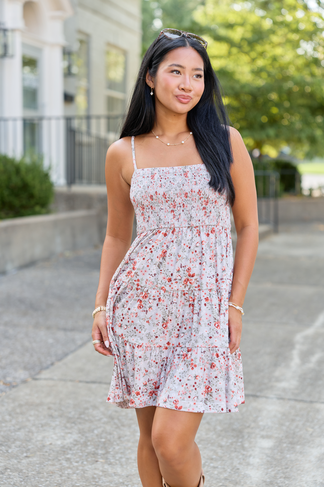Soft Spot Taupe Floral Smocked Dress