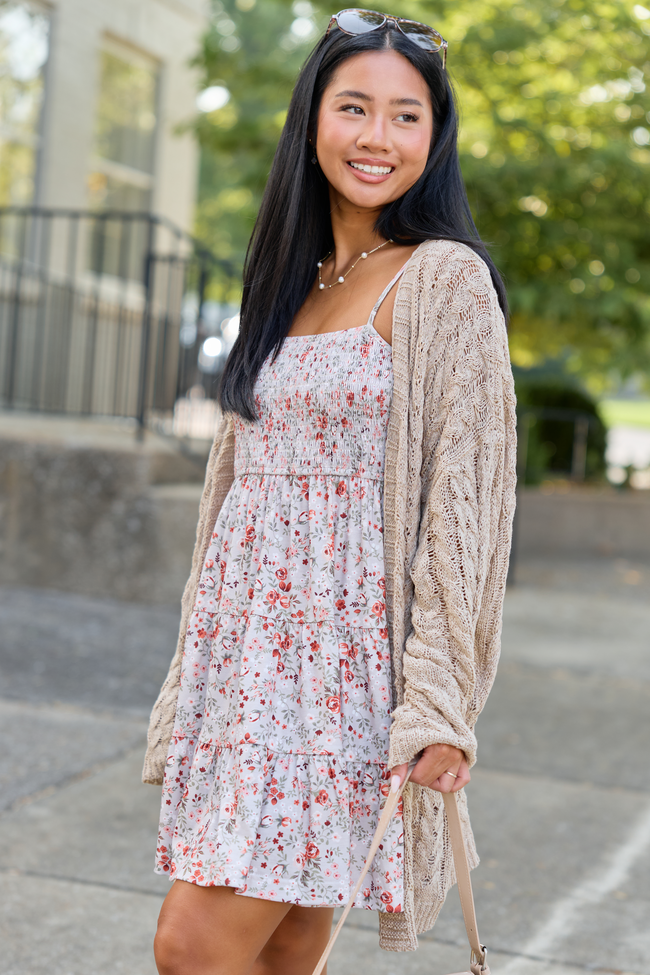 Soft Spot Taupe Floral Smocked Dress