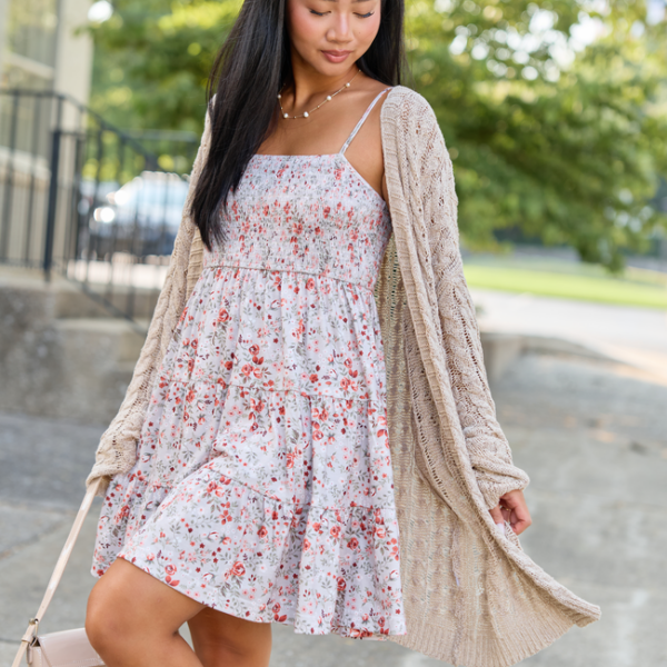 Soft Spot Taupe Floral Smocked Dress