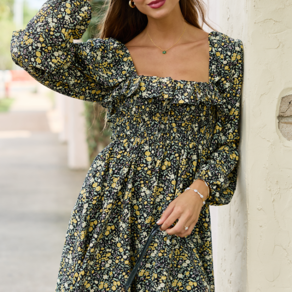 Sophia Black Floral Smocked Top Dress