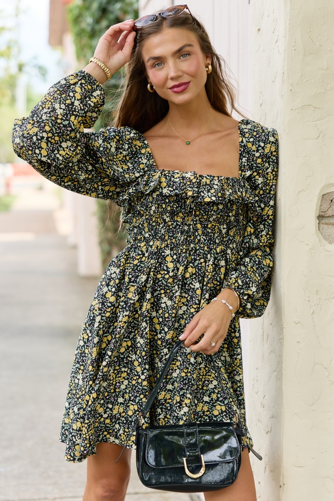 Sophia Black Floral Smocked Top Dress