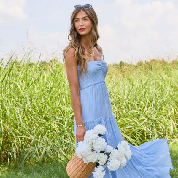 Saltwater Dreams Blue Strapless Tiered Maxi Dress